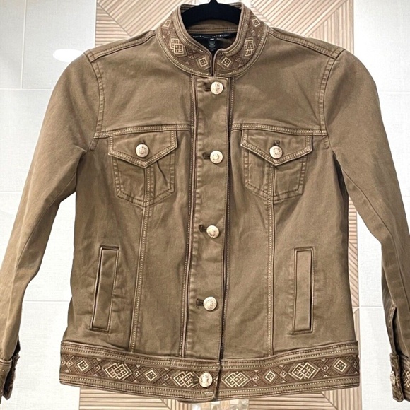 White House Black Market Brown Denim Military Jacket; Gold Buttons; Size 00 - Picture 3 of 10